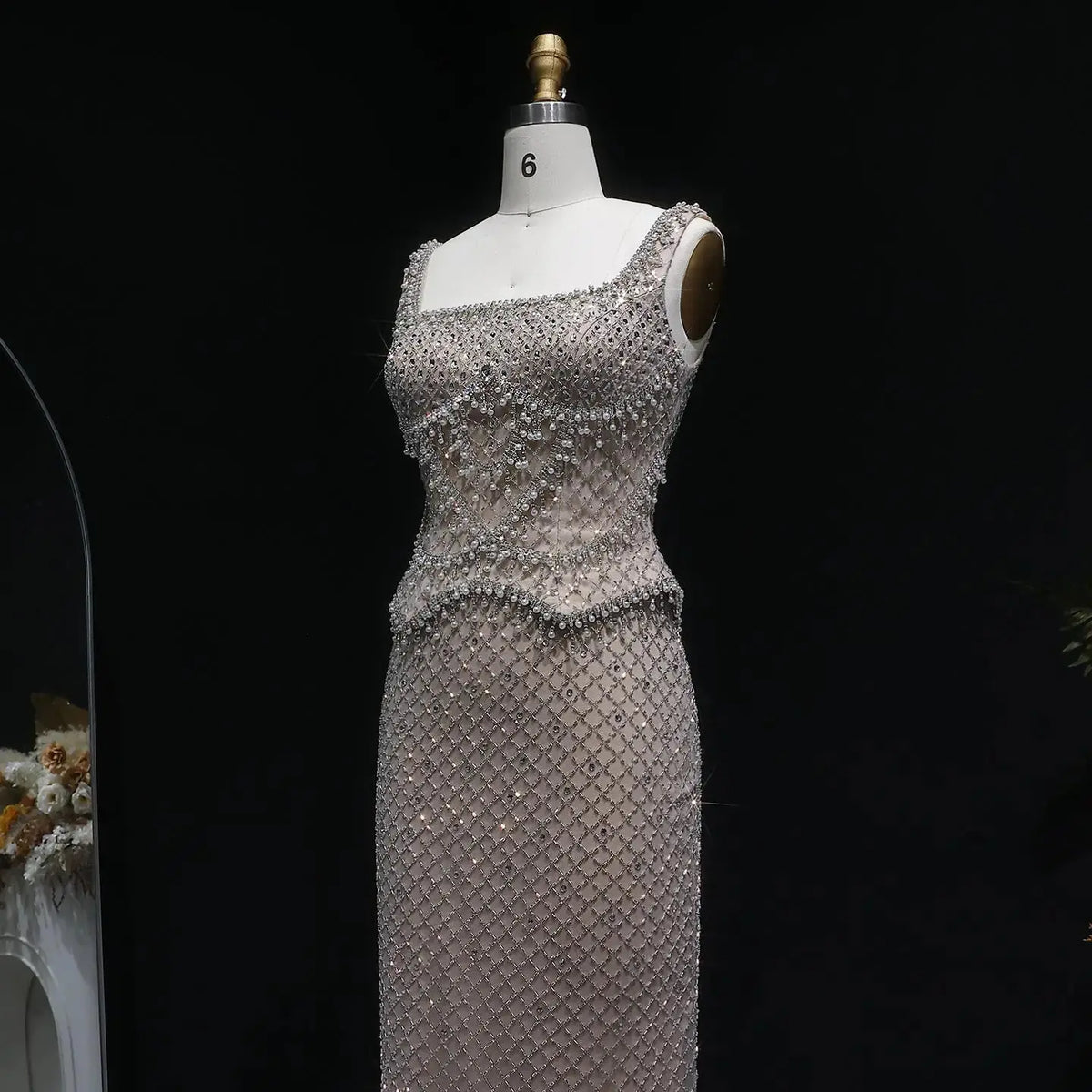 Luxury Gray Beaded Crystal Long Straight Evening Dress SS631 