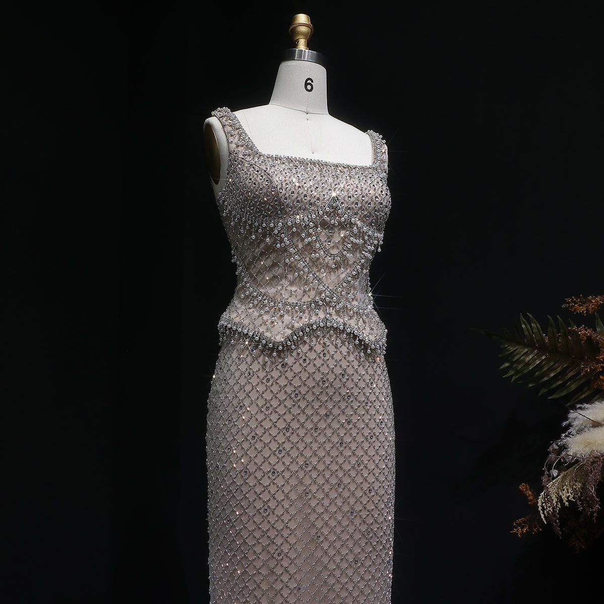 Luxury Gray Beaded Crystal Long Straight Evening Dress SS631 