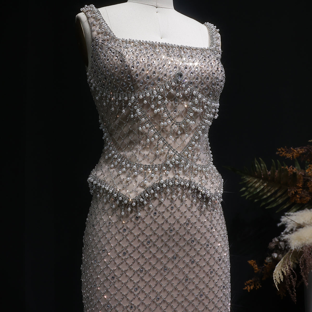 Luxury Gray Beaded Crystal Long Straight Evening Dress SS631 