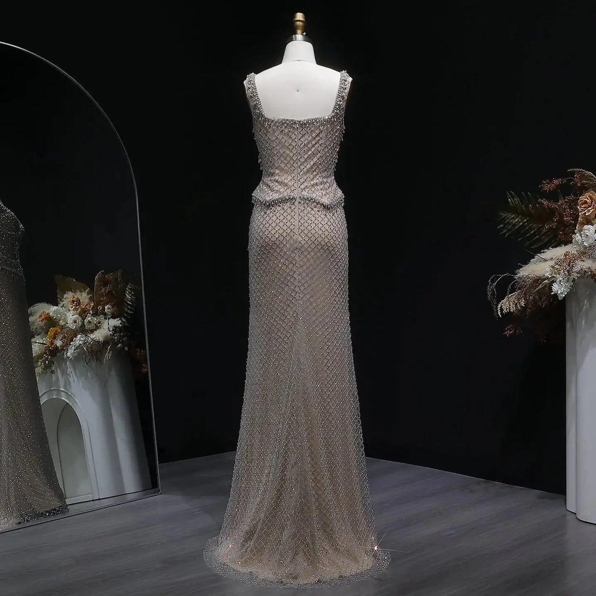 Luxury Gray Beaded Crystal Long Straight Evening Dress SS631