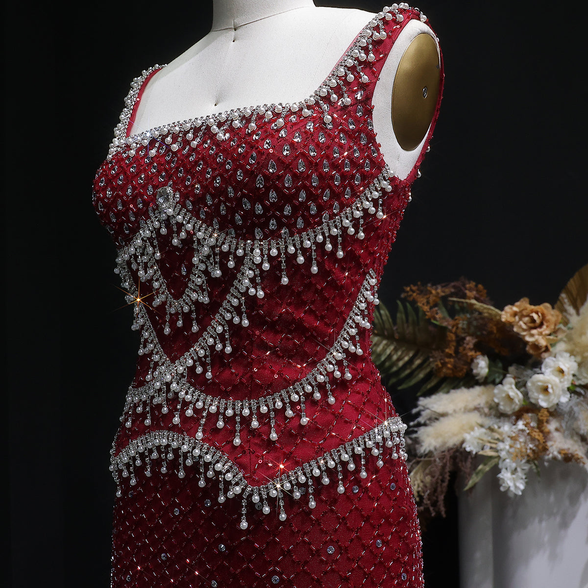 Luxury Gray Beaded Crystal Long Straight Evening Dress SS631 