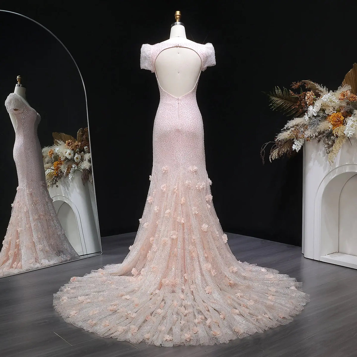 Luxury Pink Gradient Sequin Mermaid Train Evening Dress SS643 