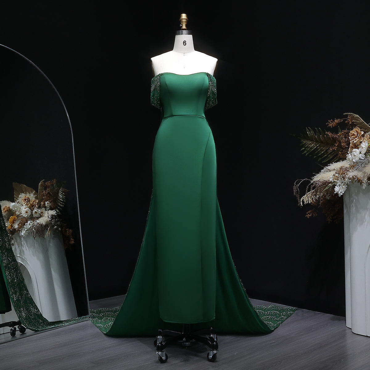 Elegant Emerald Green Beaded Mermaid Evening Dress with Overskirt SS645 