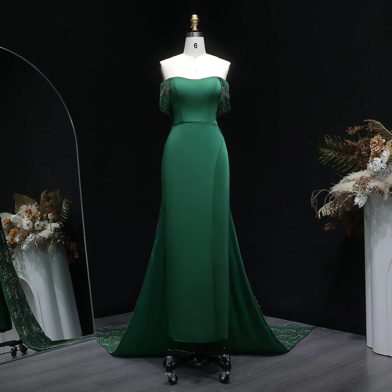 Elegant Emerald Green Beaded Mermaid Evening Dress with Overskirt SS645 