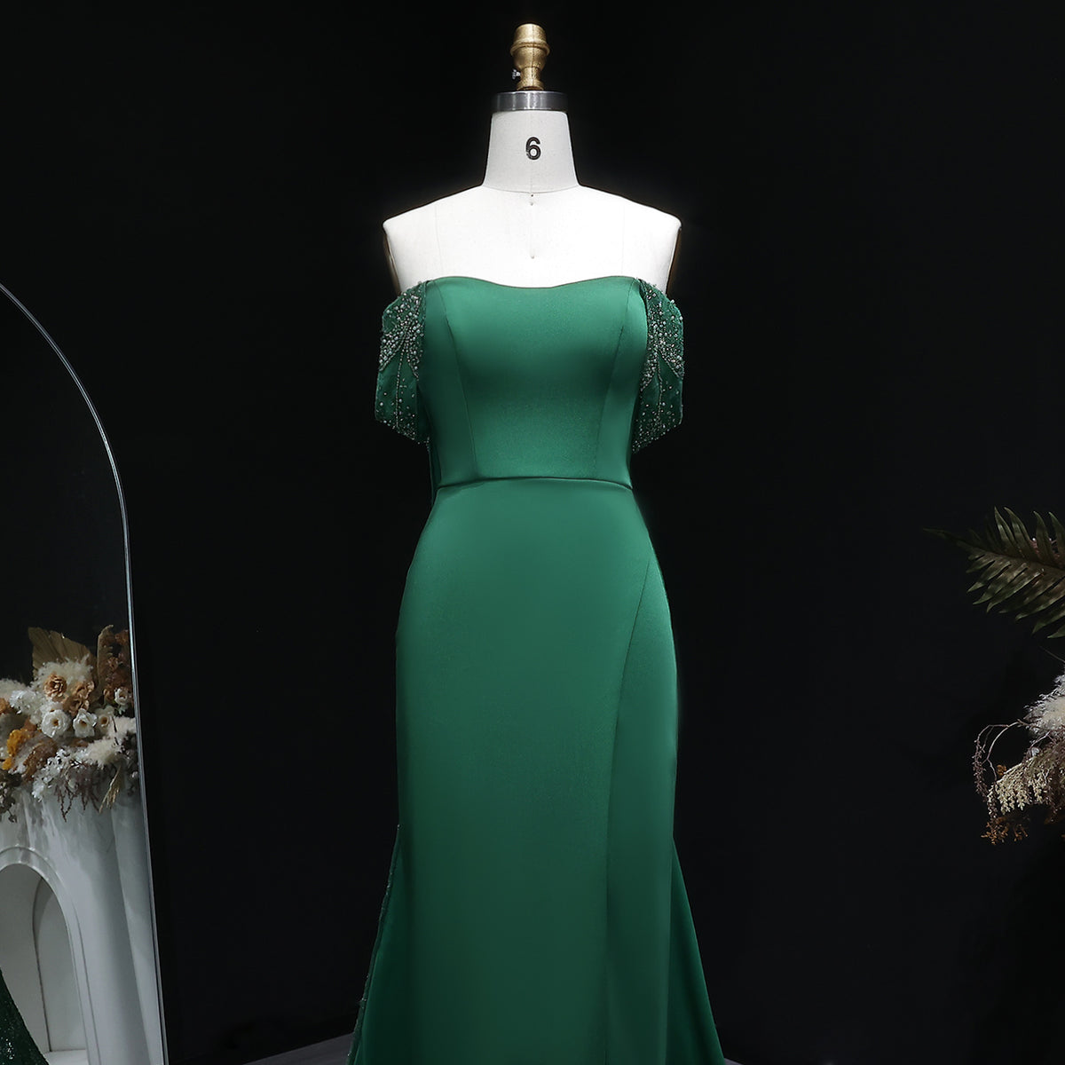 Elegant Emerald Green Beaded Mermaid Evening Dress with Overskirt SS645 