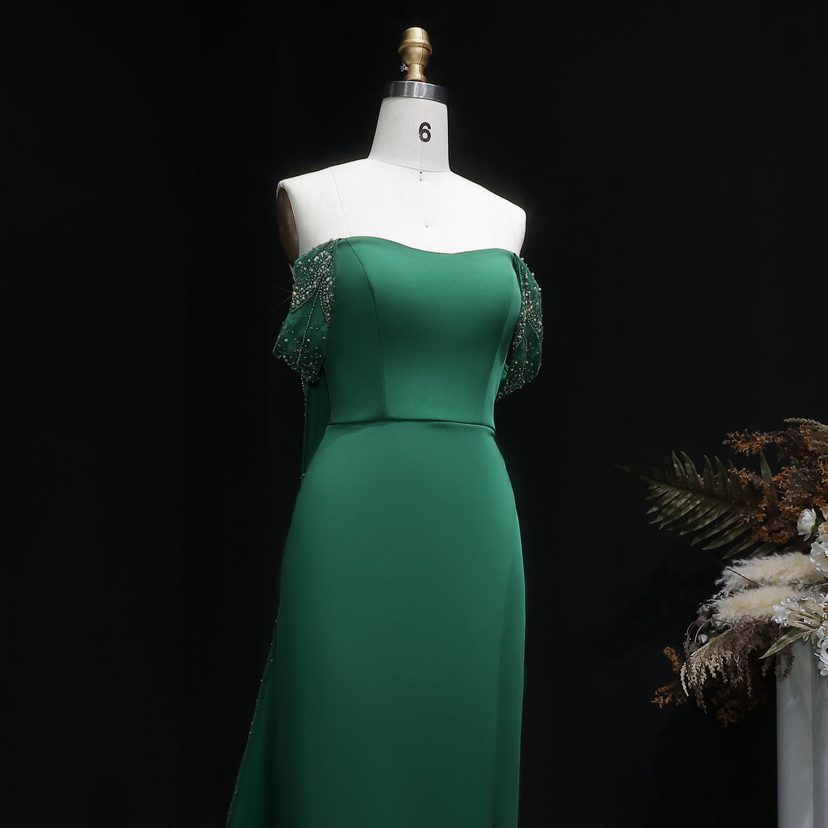 Elegant Emerald Green Beaded Mermaid Evening Dress with Overskirt SS645 