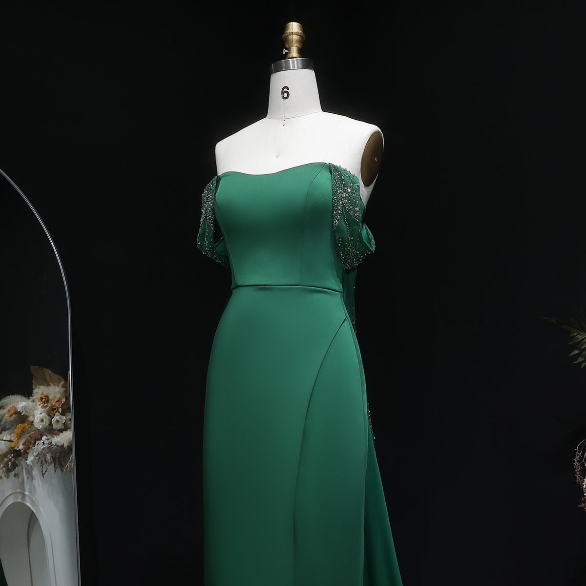 Elegant Emerald Green Beaded Mermaid Evening Dress with Overskirt SS645 
