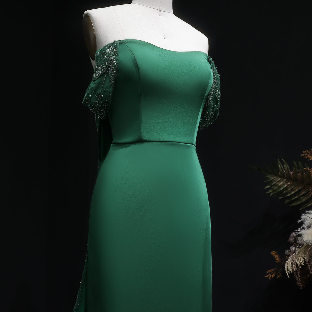 Elegant Emerald Green Beaded Mermaid Evening Dress with Overskirt SS645 