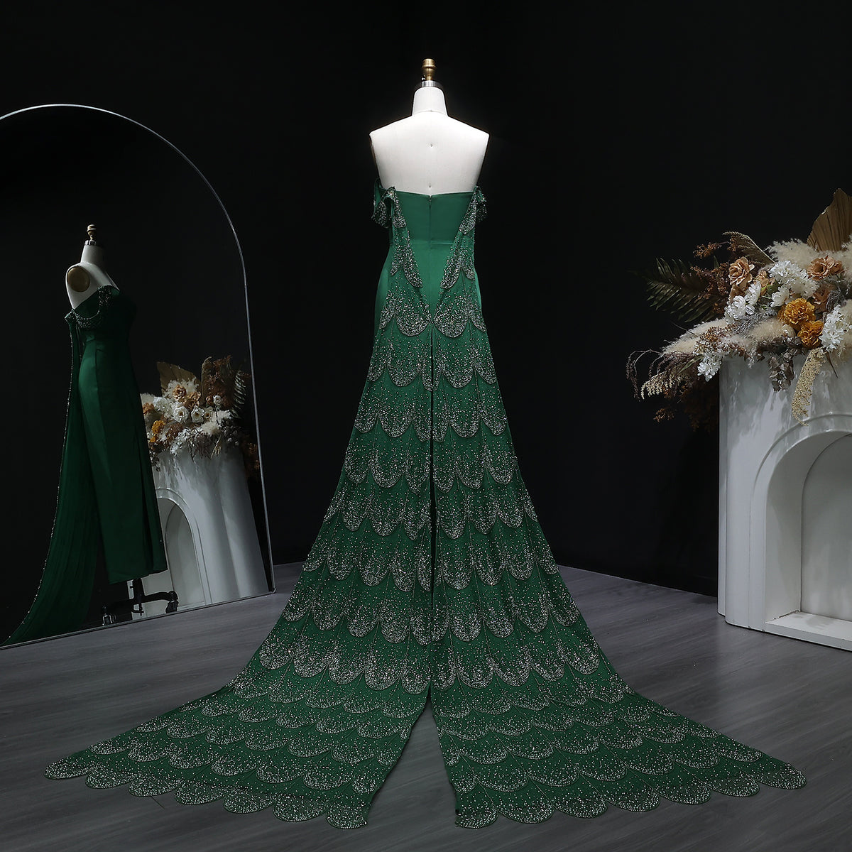 Elegant Emerald Green Beaded Mermaid Evening Dress with Overskirt SS645 