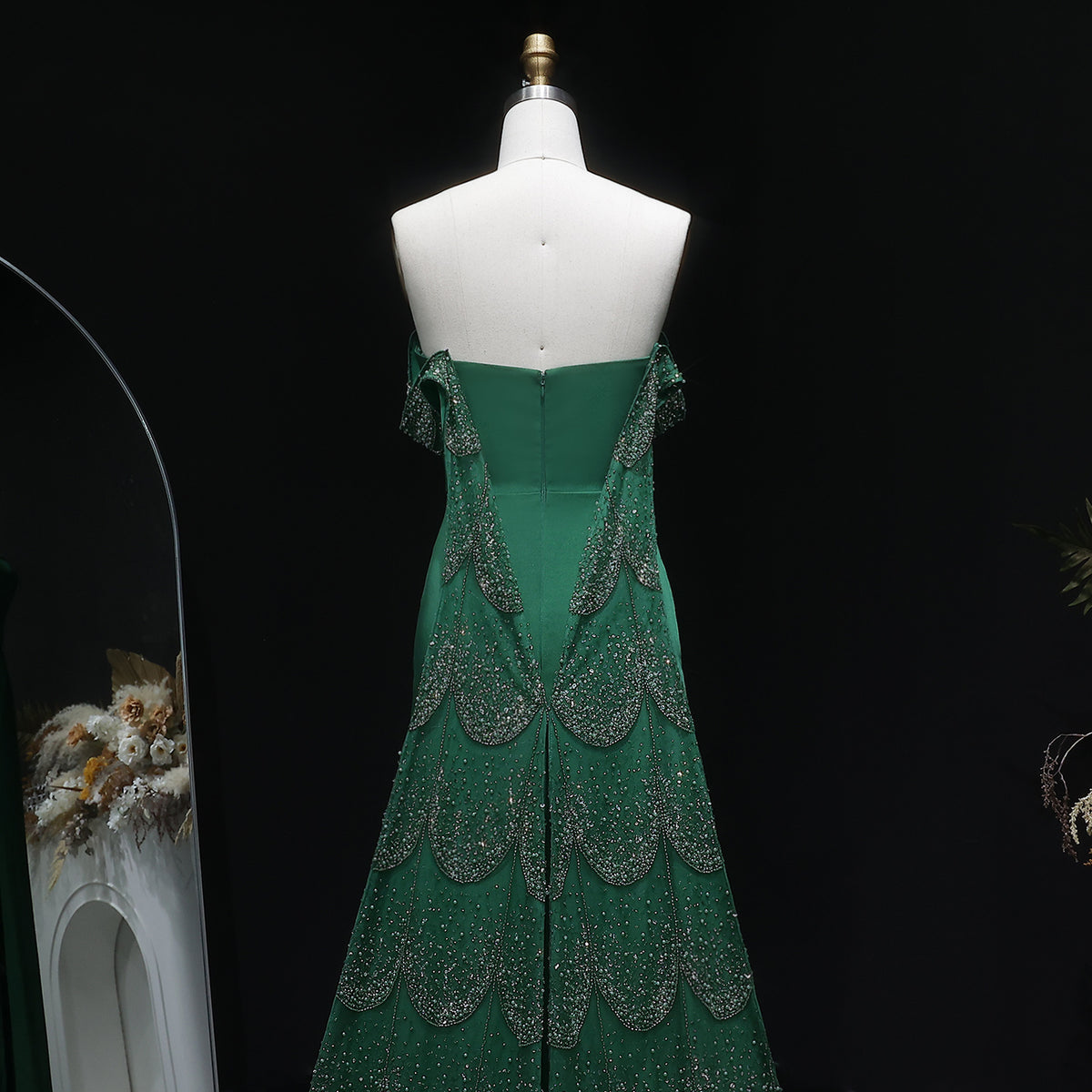 Elegant Emerald Green Beaded Mermaid Evening Dress with Overskirt SS645 