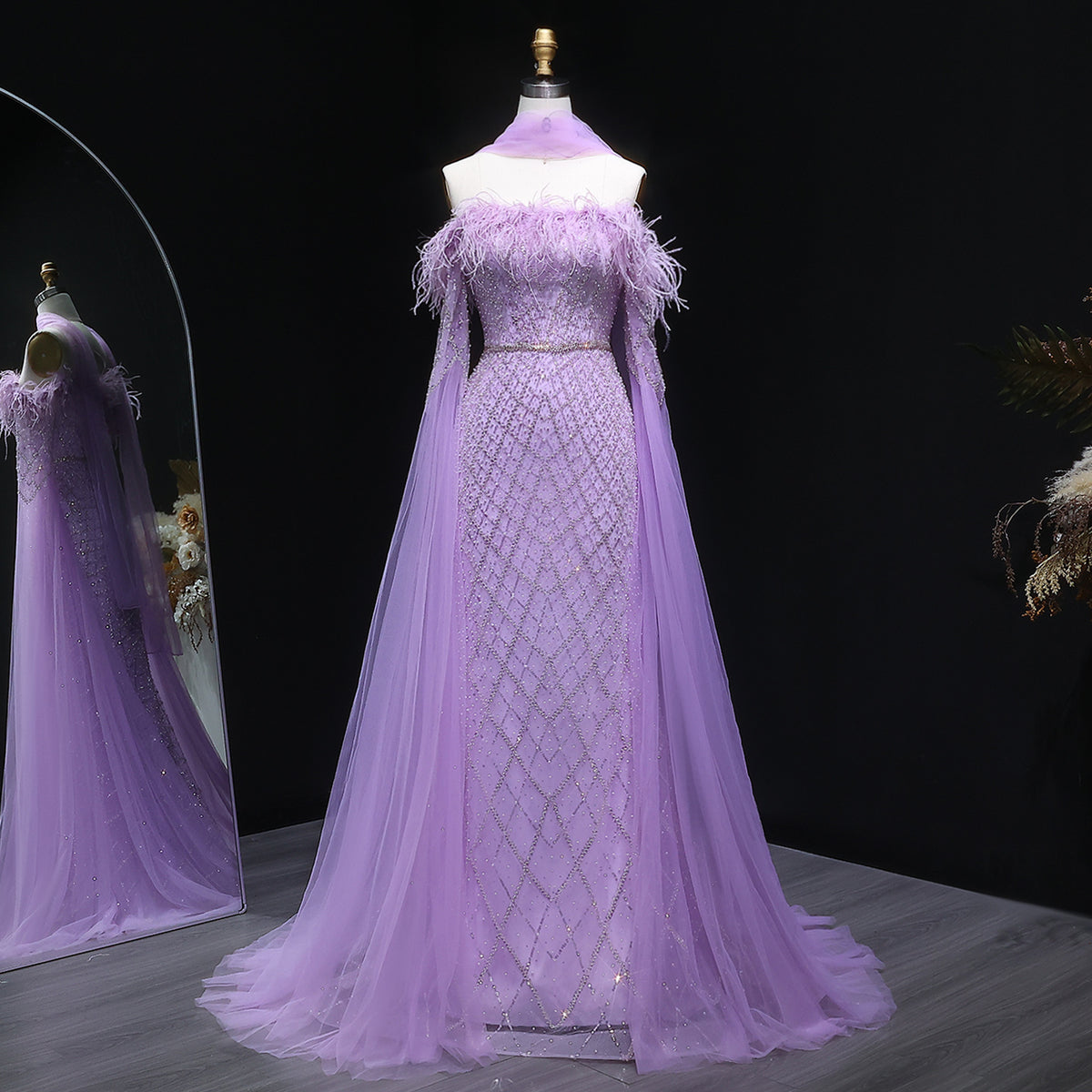 Luxury Feather Turquoise Evening Dress with Cape Sleeves SS650 