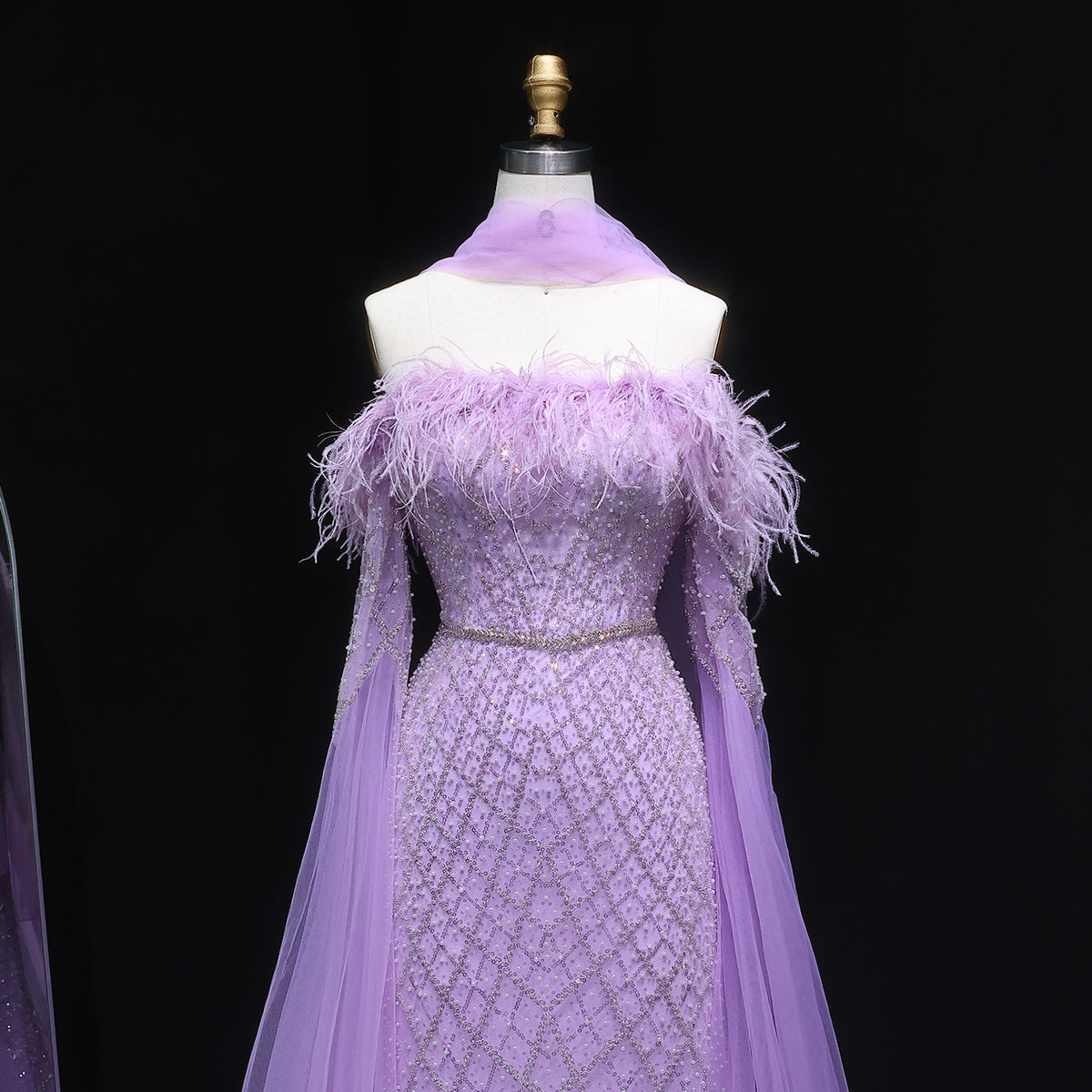 Luxury Feather Turquoise Evening Dress with Cape Sleeves SS650 