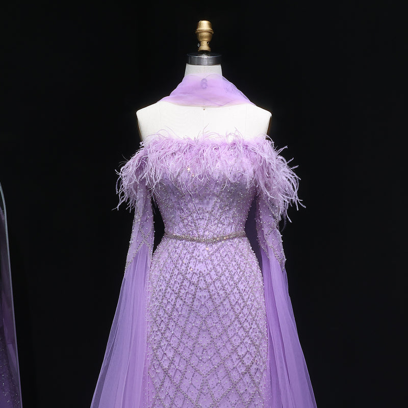 Luxury Feather Turquoise Evening Dress with Cape Sleeves SS650 