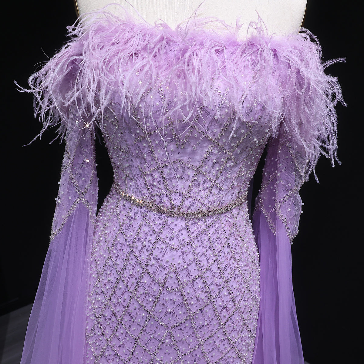 Luxury Feather Turquoise Evening Dress with Cape Sleeves SS650 