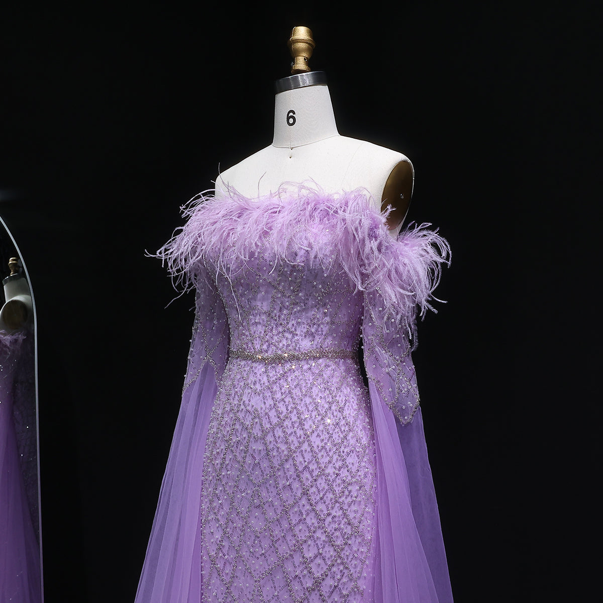 Luxury Feather Turquoise Evening Dress with Cape Sleeves SS650 