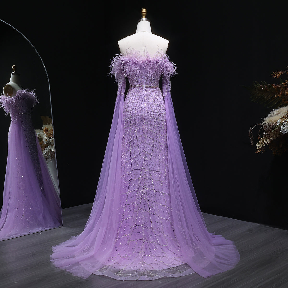 Luxury Feather Turquoise Evening Dress with Cape Sleeves SS650 