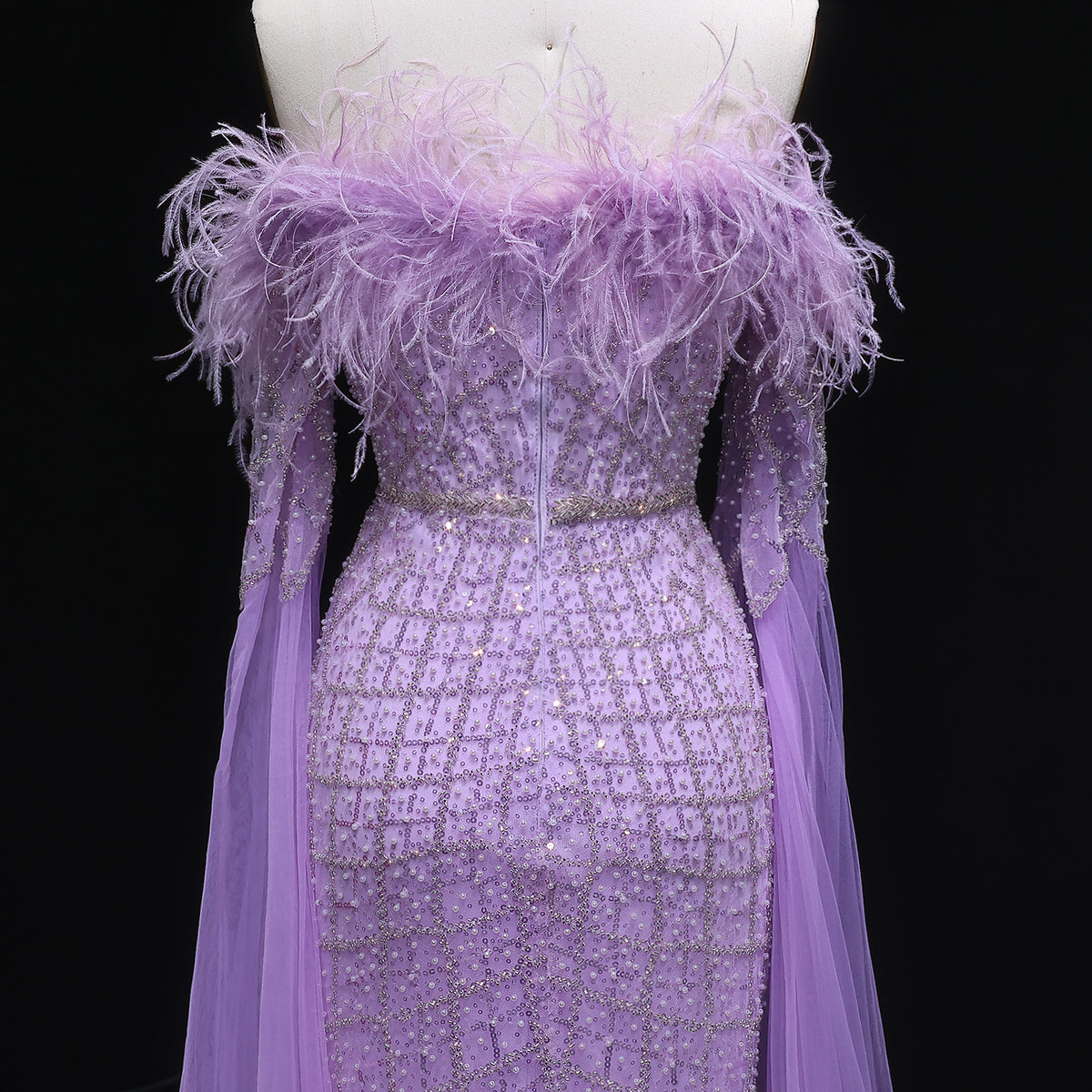 Luxury Feather Turquoise Evening Dress with Cape Sleeves SS650 