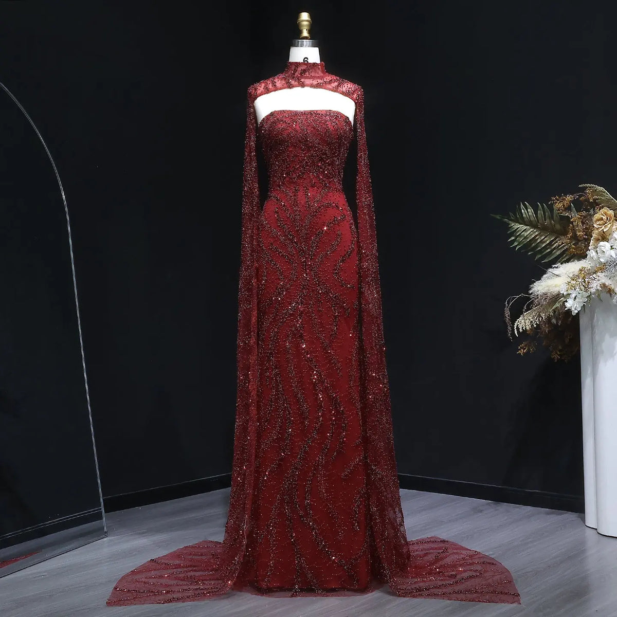 Luxury Beaded Red Mermaid Evening Dress with Cape Sleeves SS663 Luxury Beaded Red Mermaid Evening Dress with Cape Sleeves SS663
