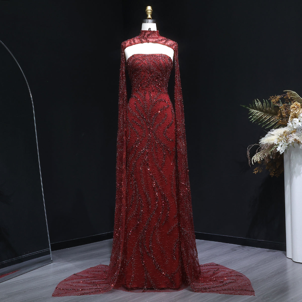 Luxury Beaded Red Mermaid Evening Dress with Cape Sleeves SS663 