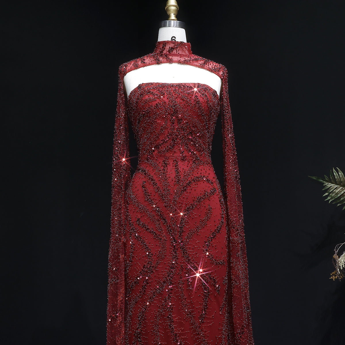 Luxury Beaded Red Mermaid Evening Dress with Cape Sleeves SS663 