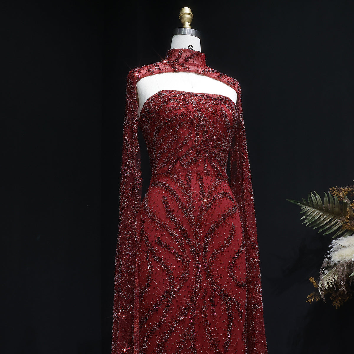 Luxury Beaded Red Mermaid Evening Dress with Cape Sleeves SS663 