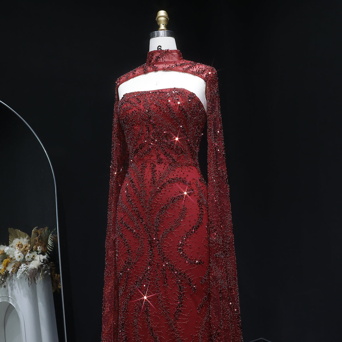 Luxury Beaded Red Mermaid Evening Dress with Cape Sleeves SS663 