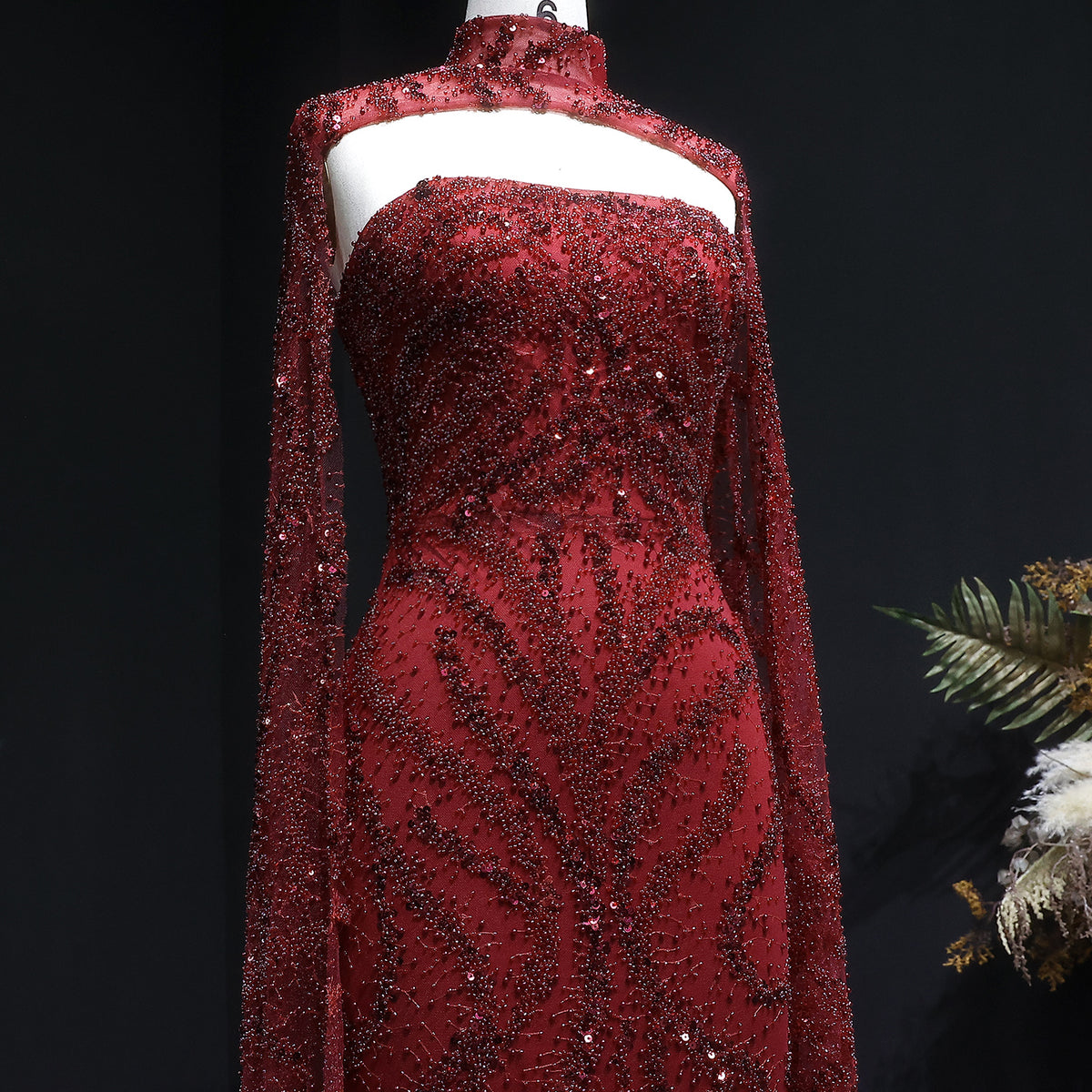 Luxury Beaded Red Mermaid Evening Dress with Cape Sleeves SS663 