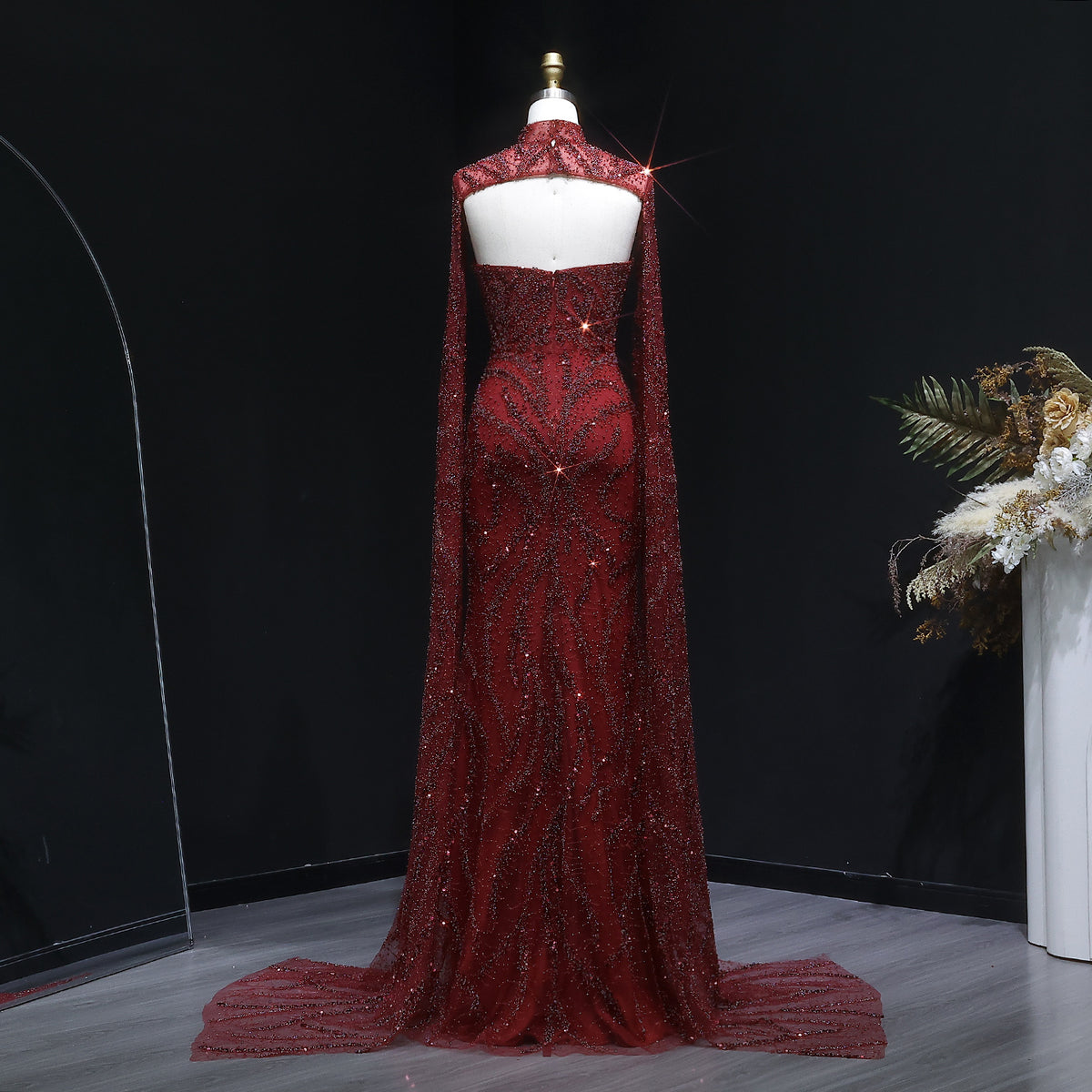 Luxury Beaded Red Mermaid Evening Dress with Cape Sleeves SS663 