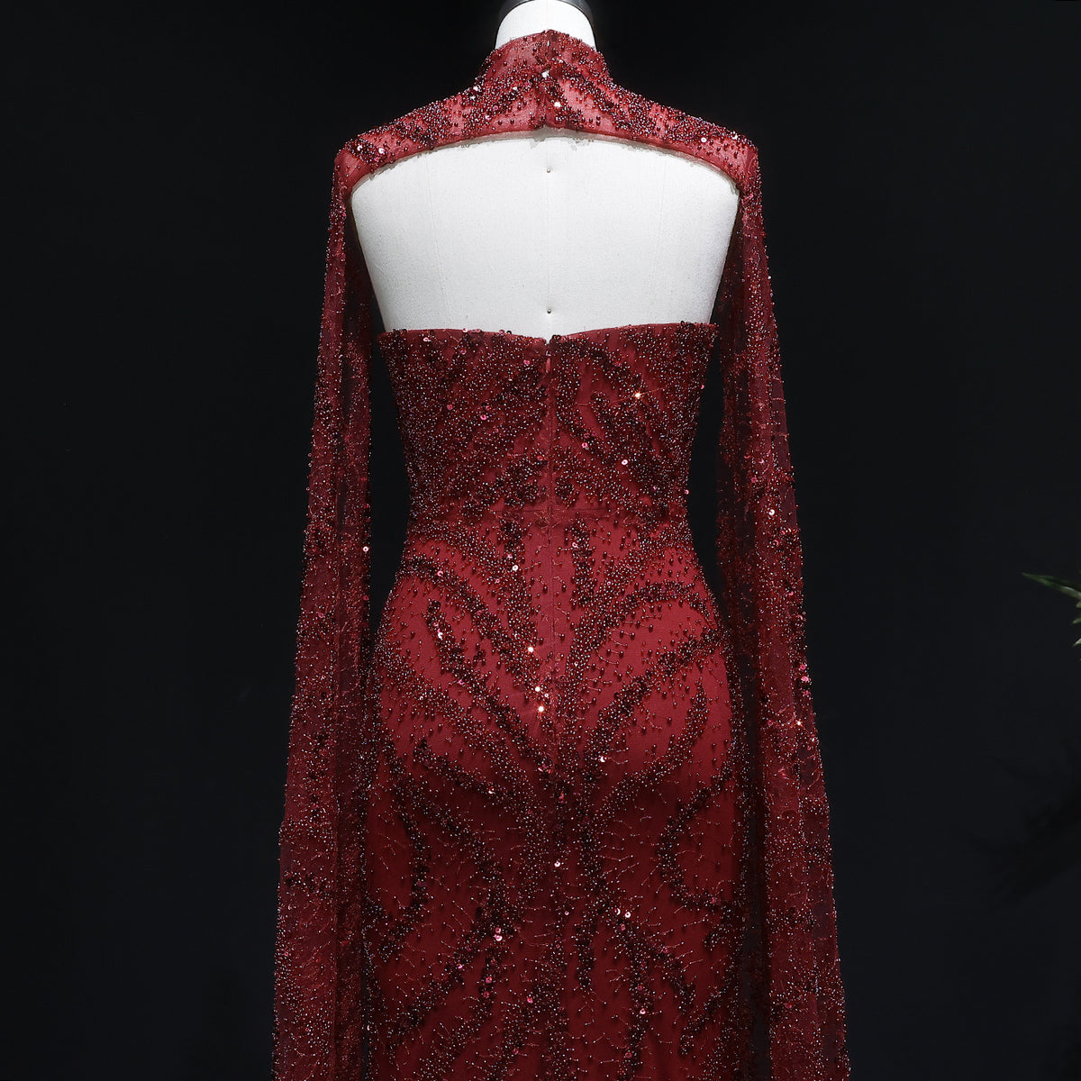 Luxury Beaded Red Mermaid Evening Dress with Cape Sleeves SS663 