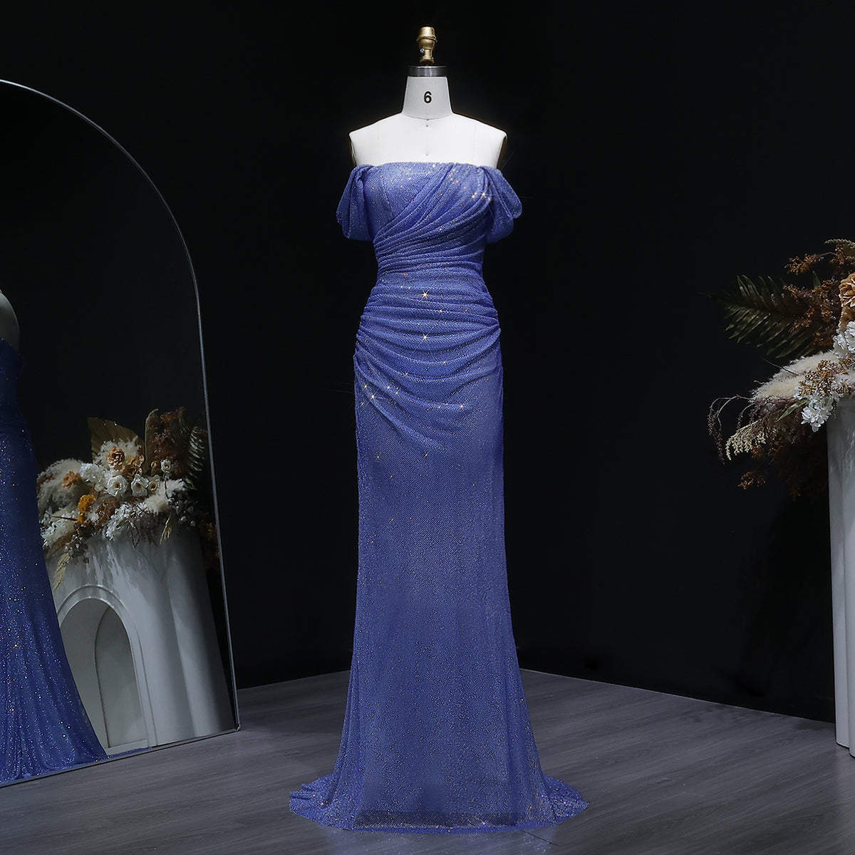 Elegant Blue Off-Shoulder Sequin Evening Dress SS671 
