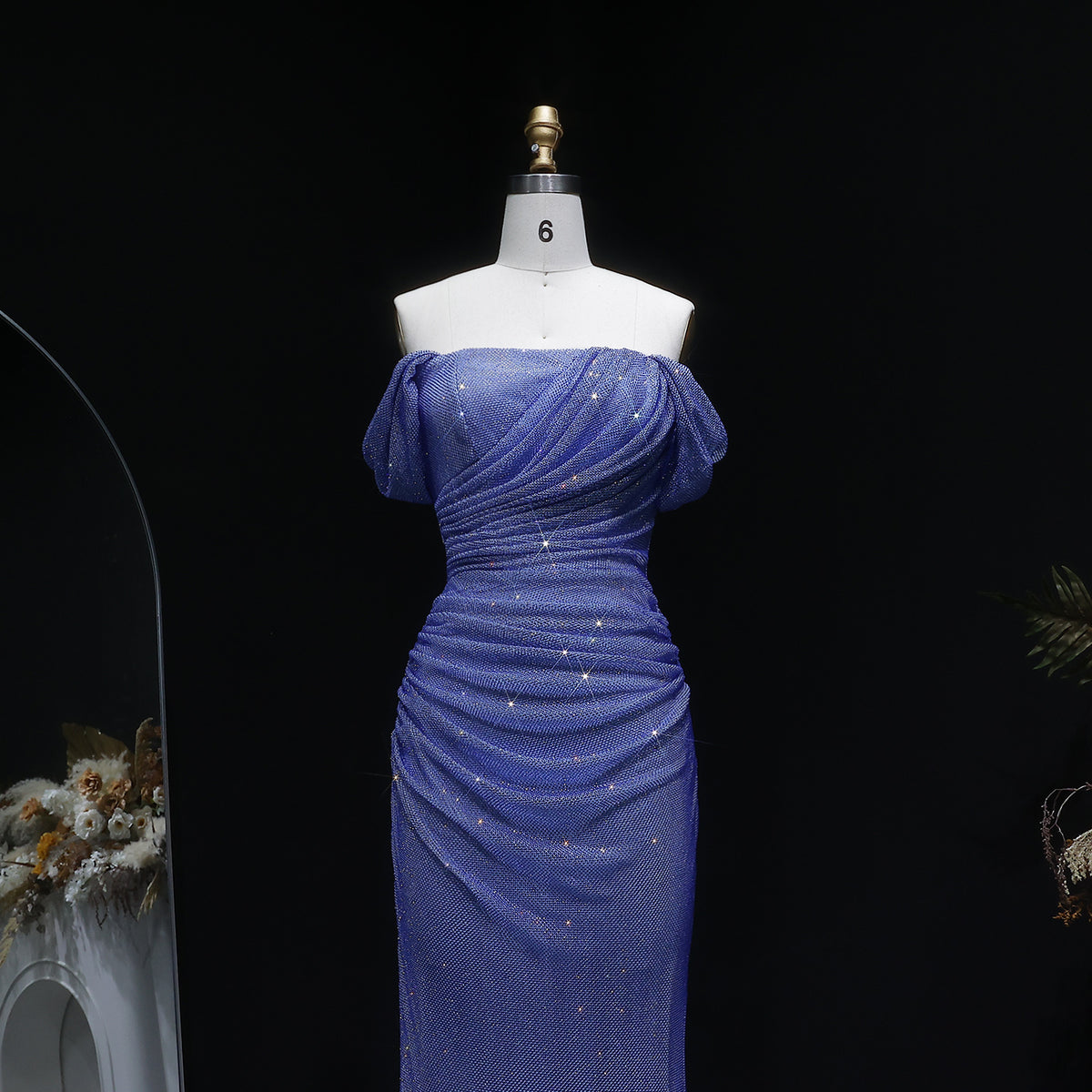 Elegant Blue Off-Shoulder Sequin Evening Dress SS671 