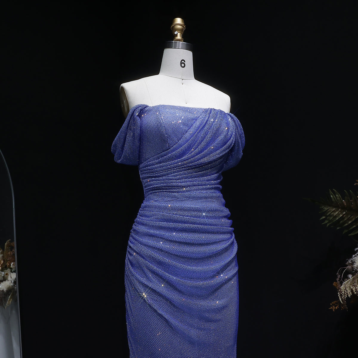 Elegant Blue Off-Shoulder Sequin Evening Dress SS671 