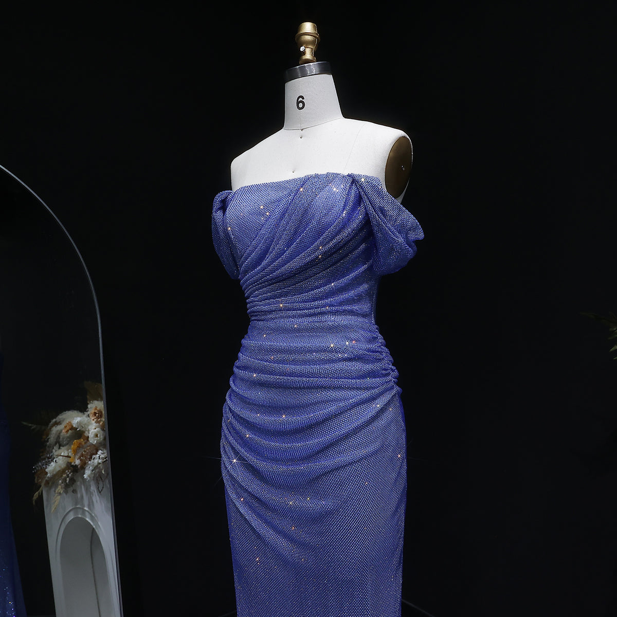 Elegant Blue Off-Shoulder Sequin Evening Dress SS671 