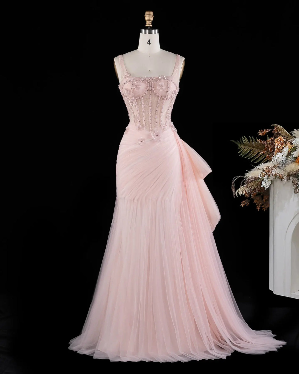 Pink Beaded Bustier Mermaid Evening Gown SS671