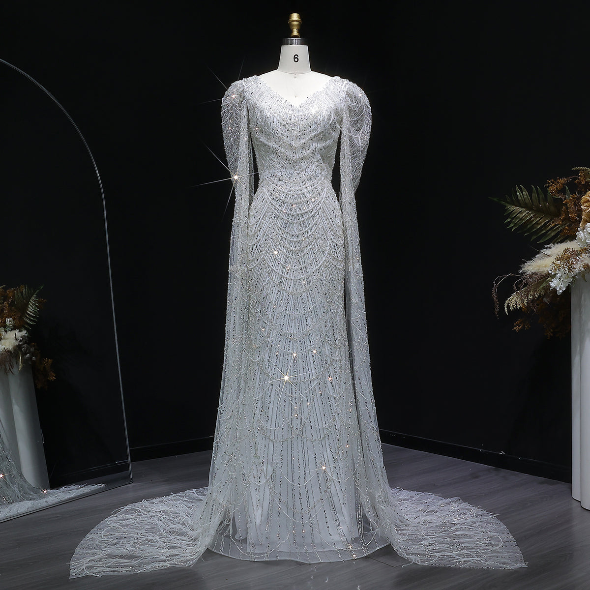 Luxury White Feather Evening Dress with Cape Sleeves SS683 