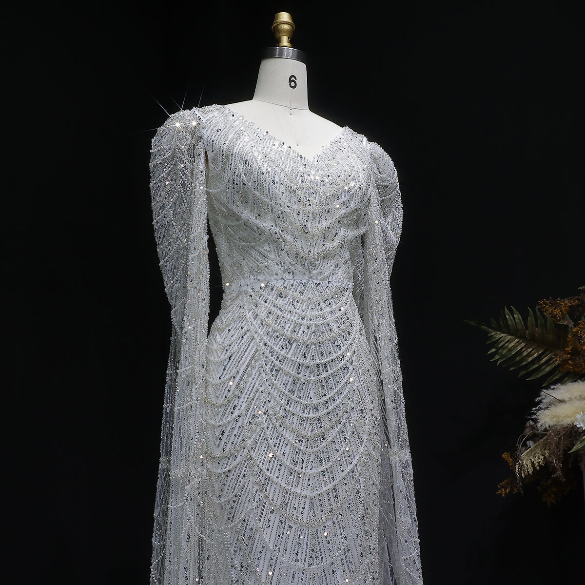 Luxury White Feather Evening Dress with Cape Sleeves SS683 