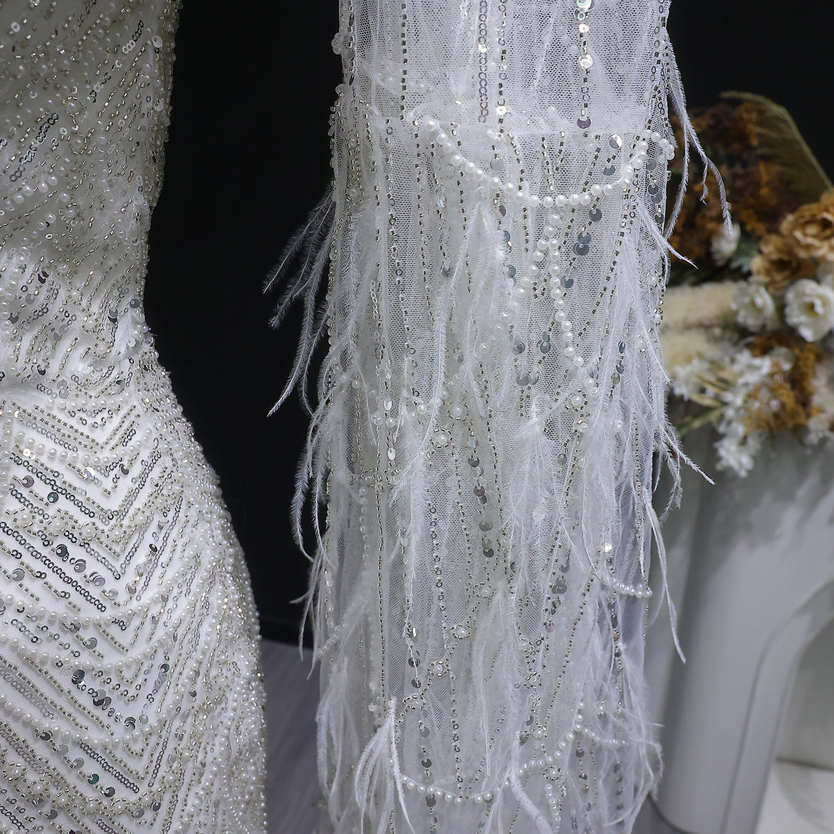 Luxury White Feather Evening Dress with Cape Sleeves SS683 