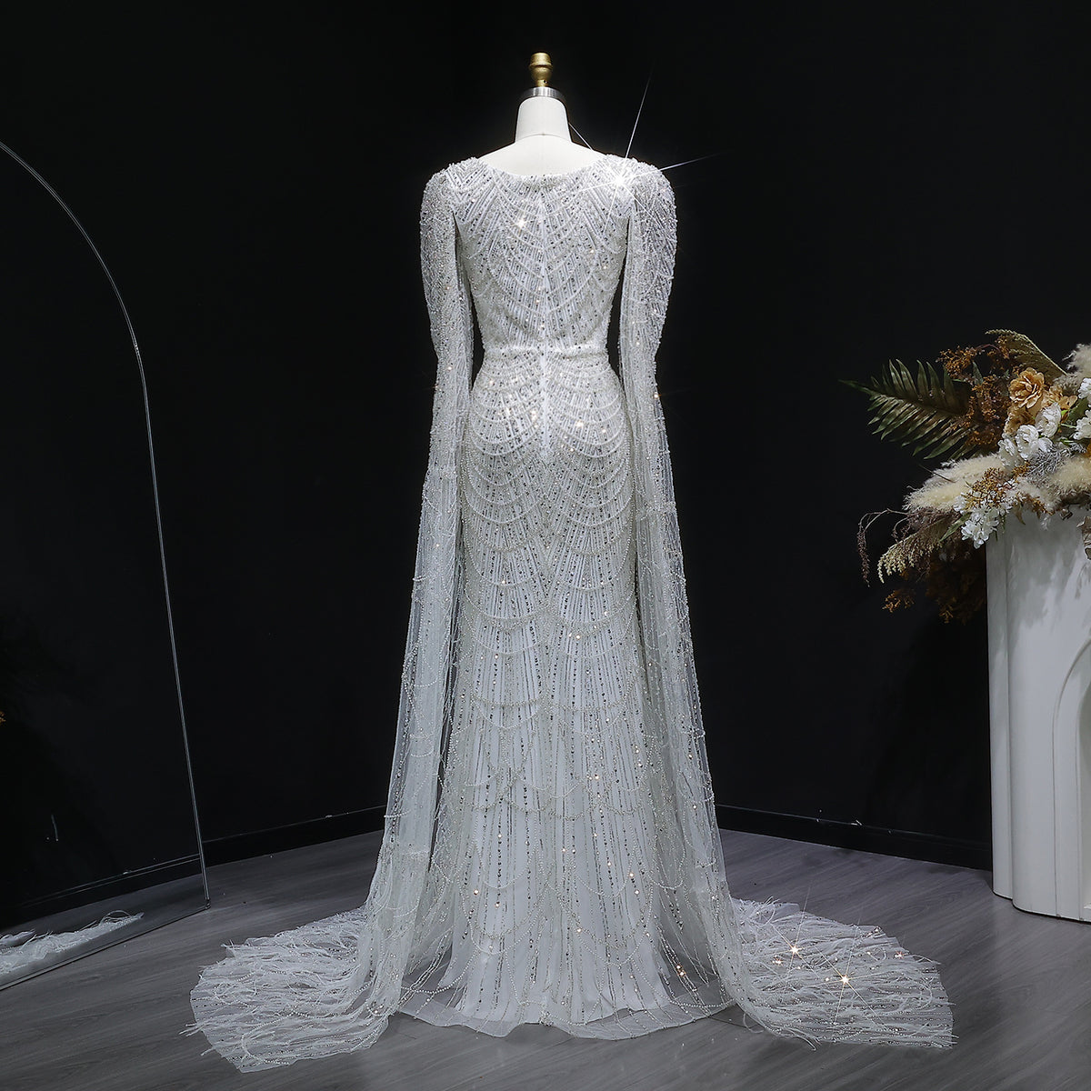 Luxury White Feather Evening Dress with Cape Sleeves SS683 