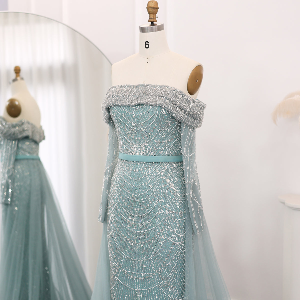 Luxury Off Shoulder Blue Evening Dress with Overskirt SS687 