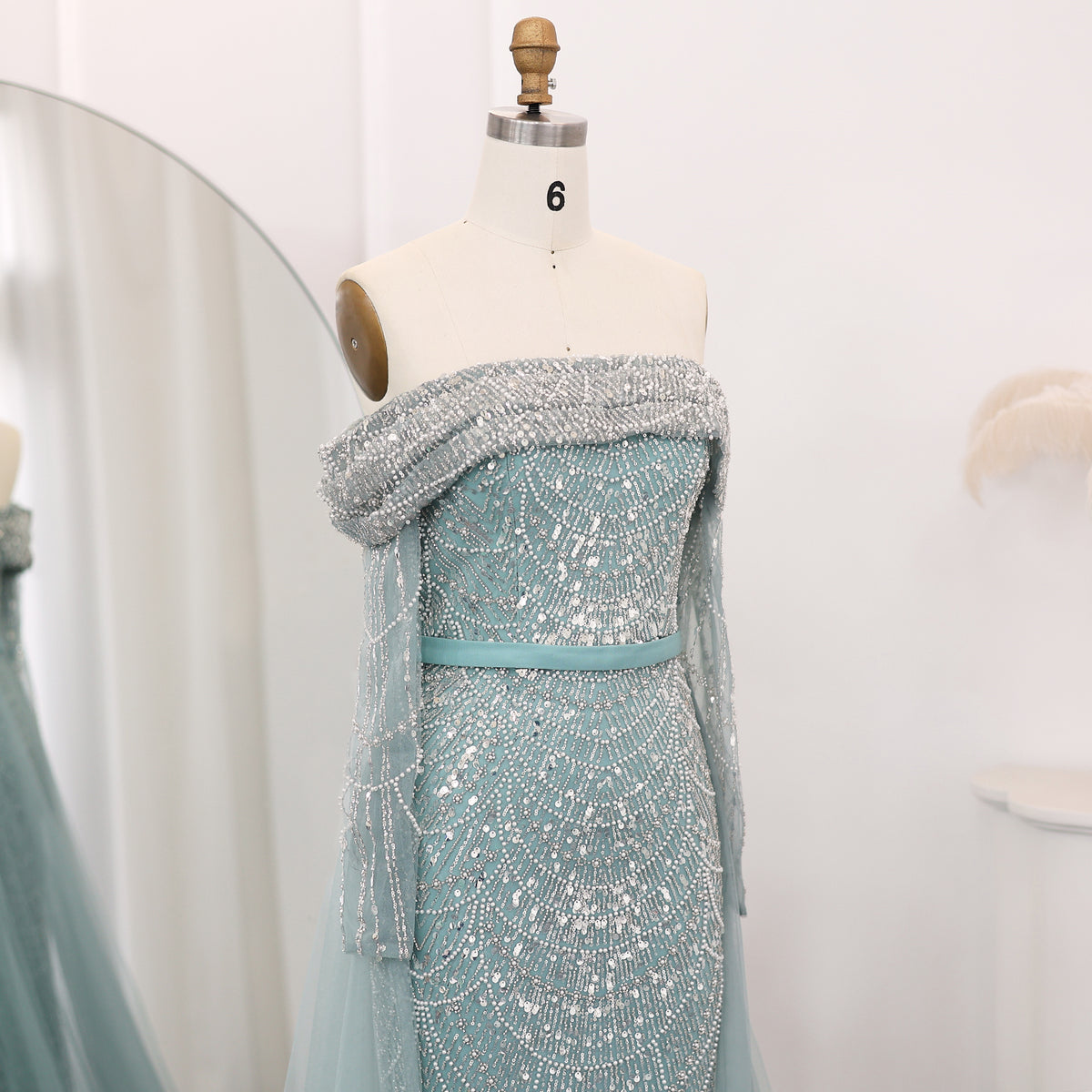 Luxury Off Shoulder Blue Evening Dress with Overskirt SS687 