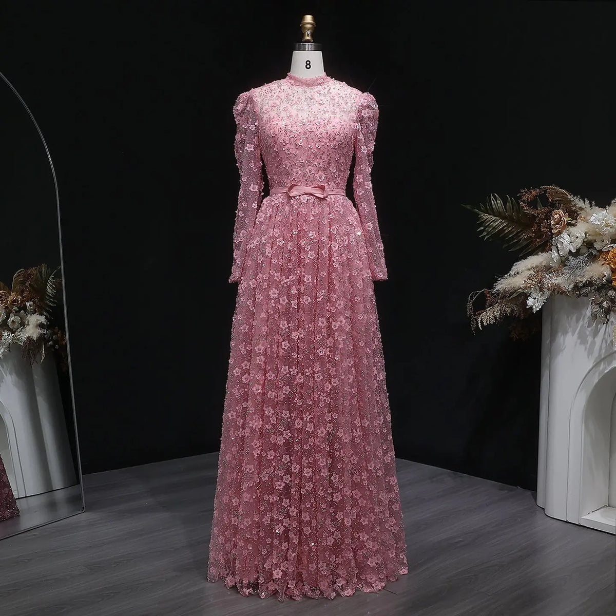 Luxury Delicate Pink 3D Floral Evening Dress with ruffles SS700 