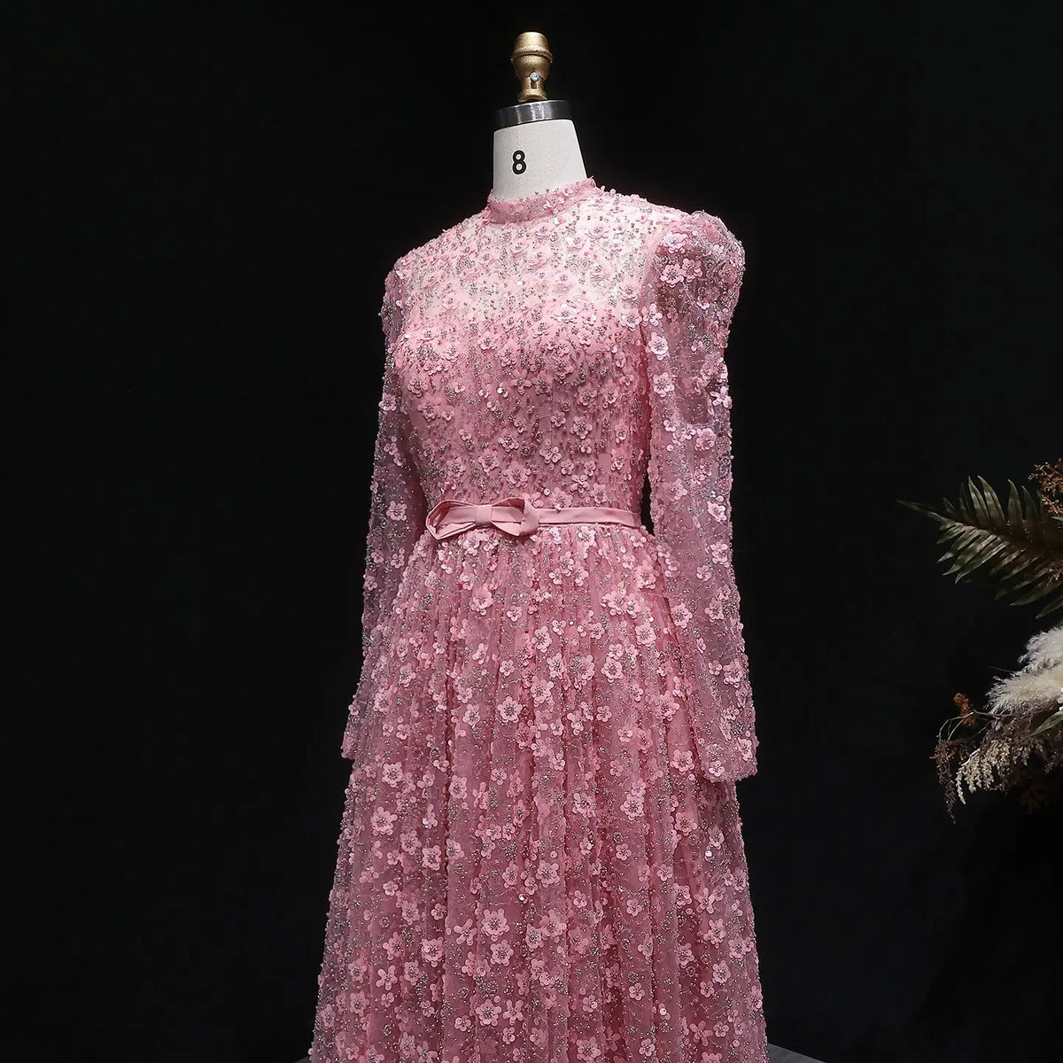 Luxury Delicate Pink 3D Floral Evening Dress with ruffles SS700 