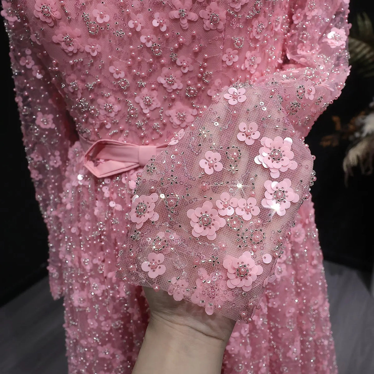 Luxury Delicate Pink 3D Floral Evening Dress with ruffles SS700 