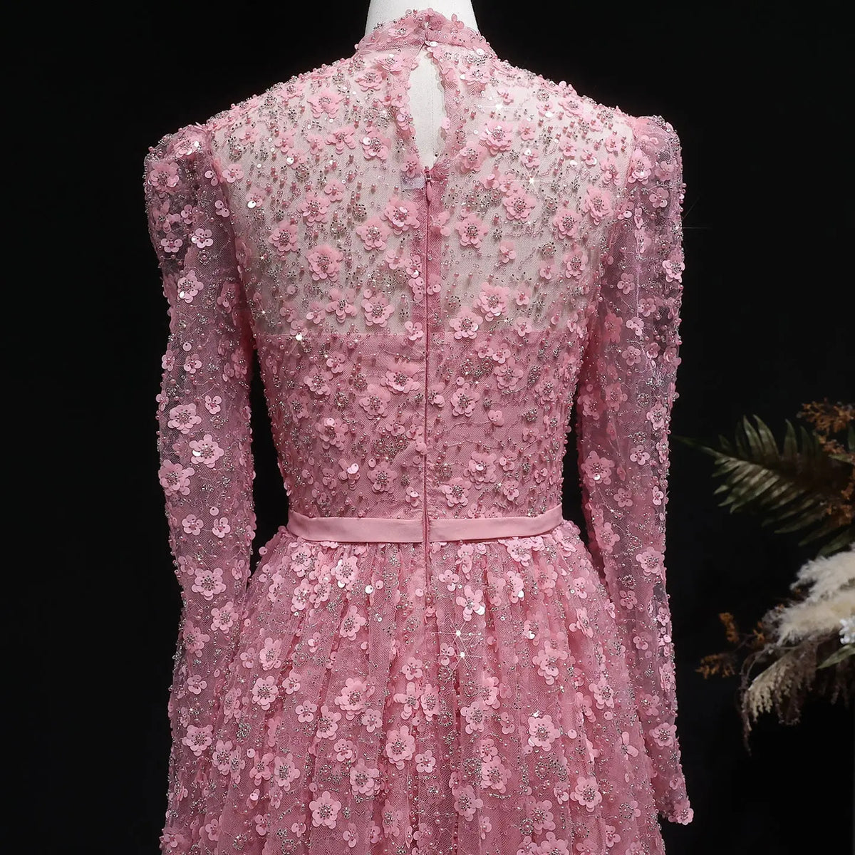 Luxury Delicate Pink 3D Floral Evening Dress with ruffles SS700 