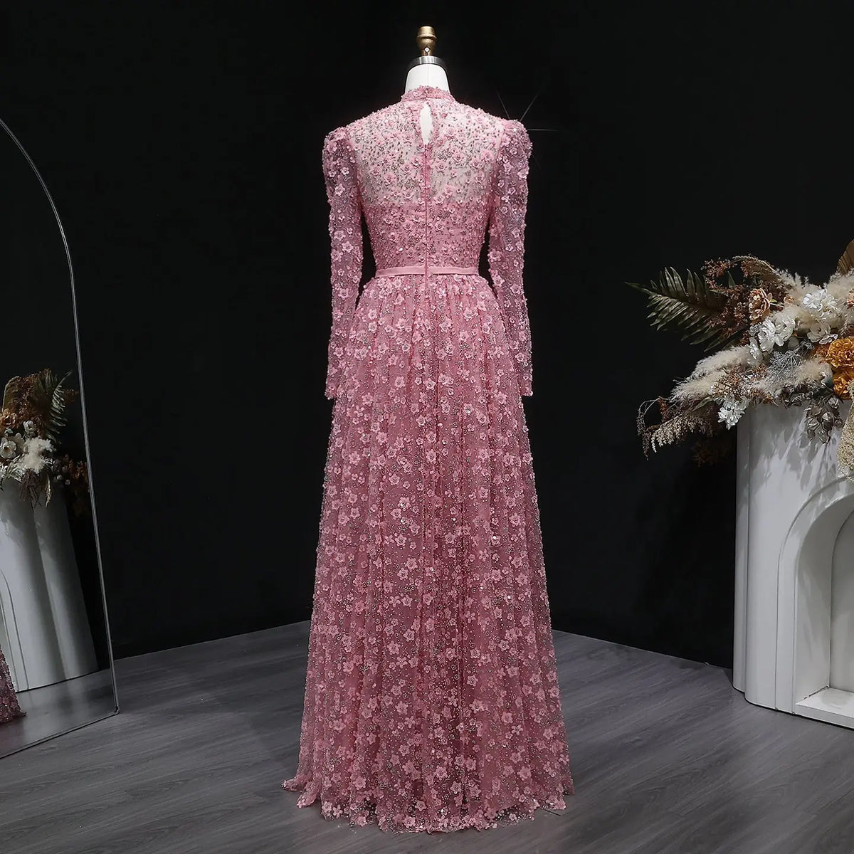Luxury Delicate Pink 3D Floral Evening Dress with ruffles SS700 