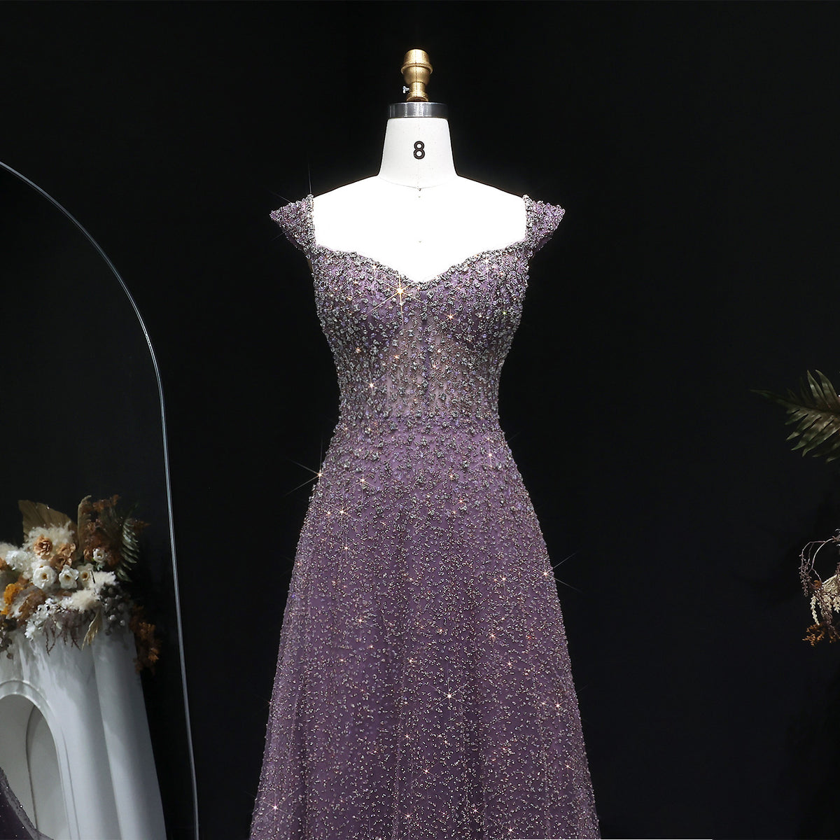 Luxury Purple Strapless Sequin Crystal A-Line Evening Dress SS703 