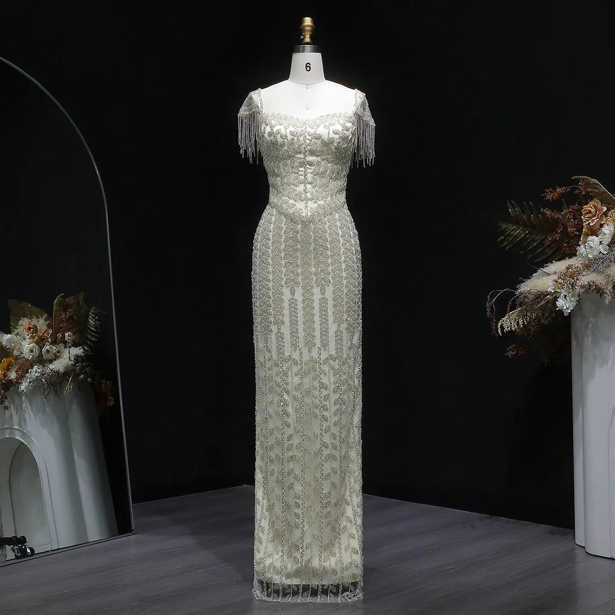 Luxury Tassel Cream Straight Evening Dress SS712 Luxury Tassel Cream Straight Evening Dress SS712