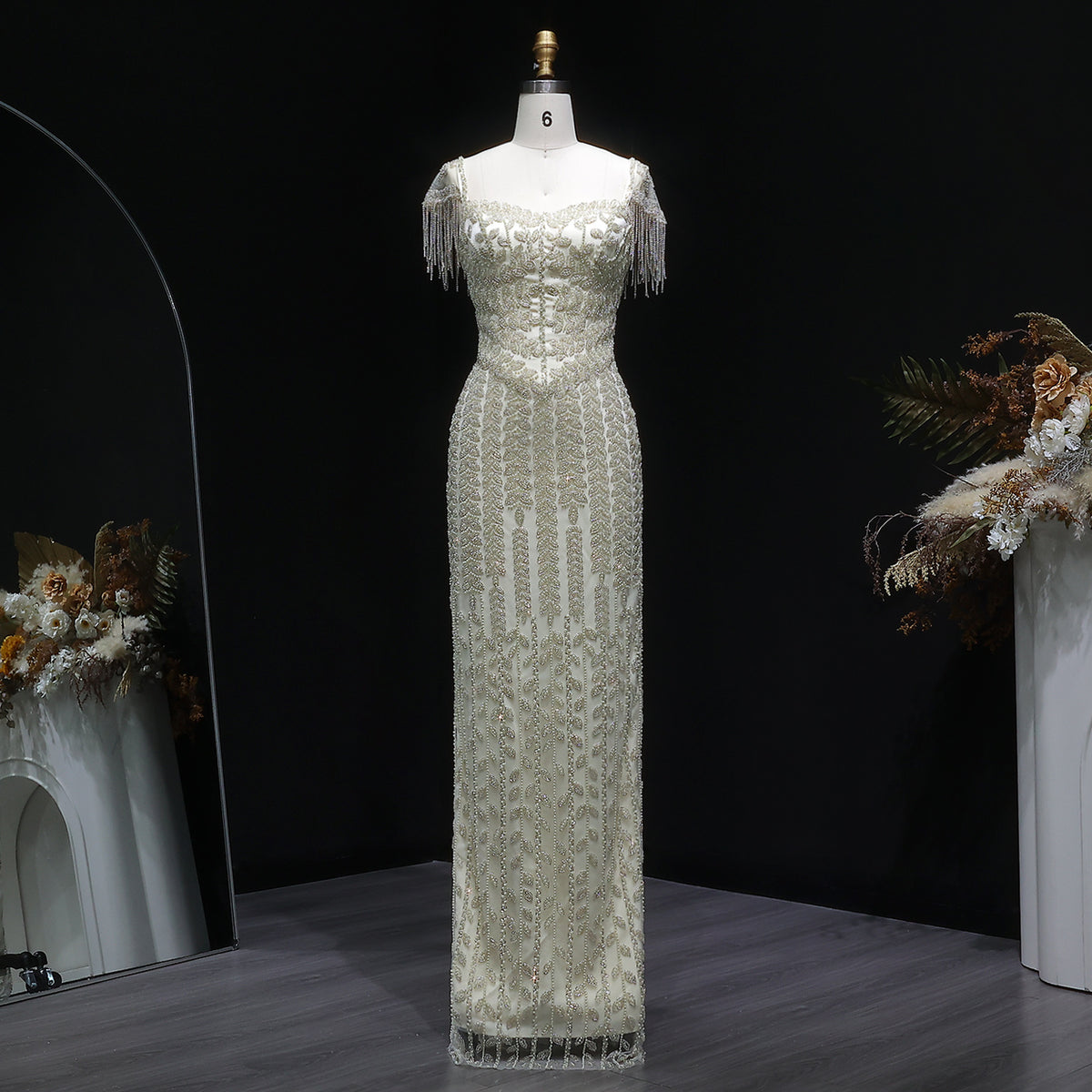 Luxury Tassel Cream Straight Evening Dress SS712 