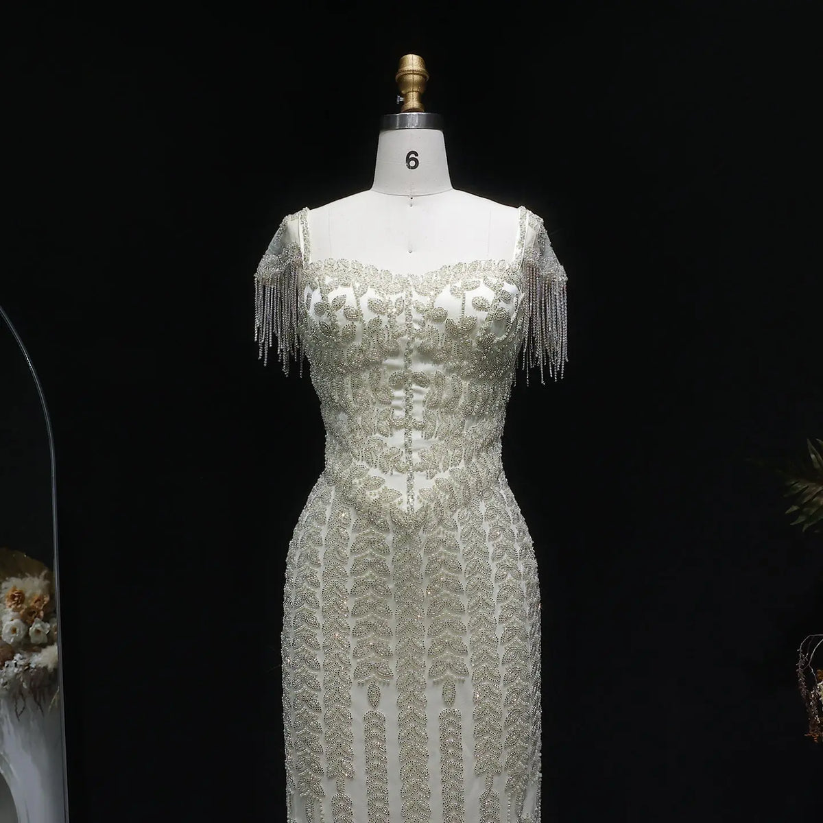 Luxury Tassel Cream Straight Evening Dress SS712 Luxury Tassel Cream Straight Evening Dress SS712