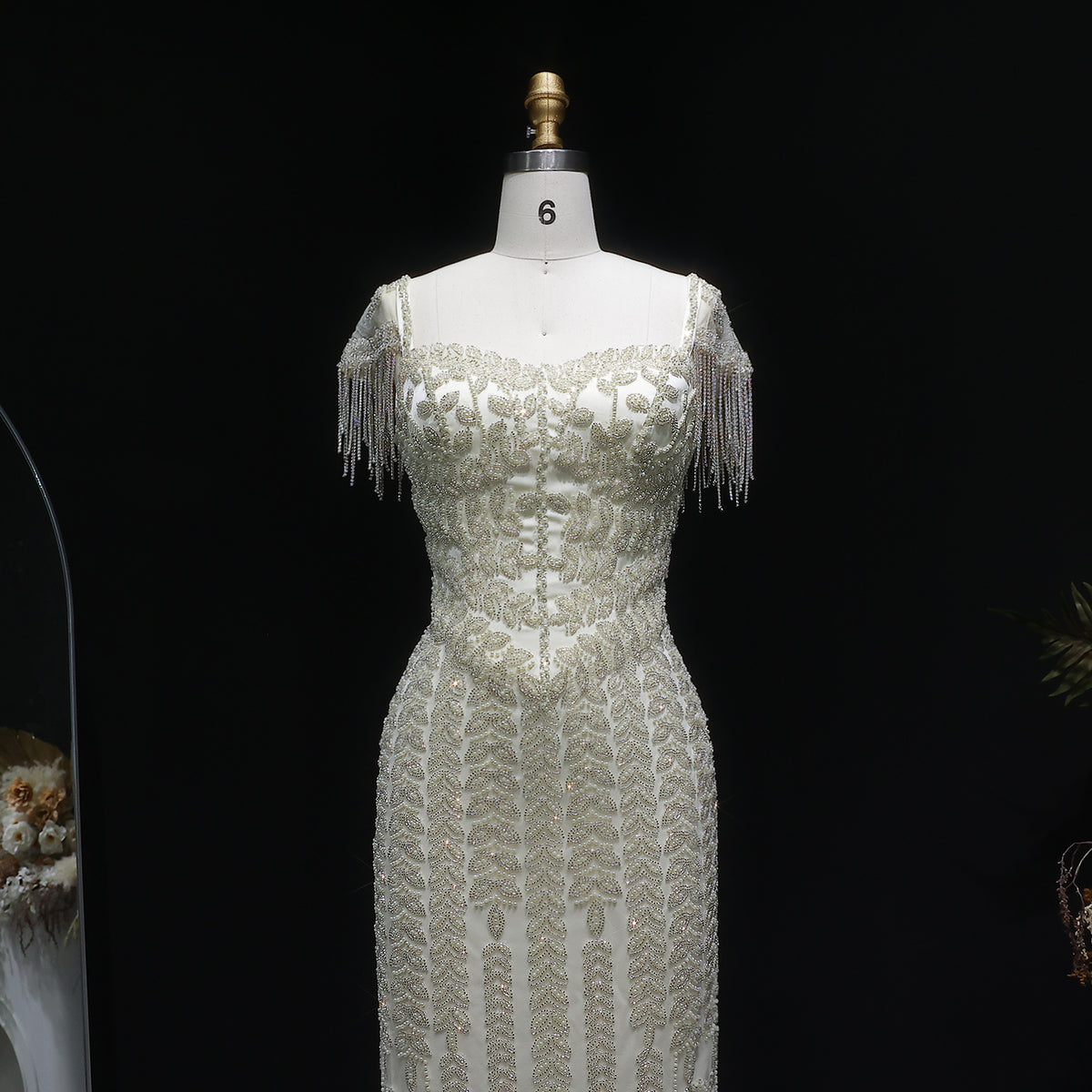 Luxury Tassel Cream Straight Evening Dress SS712 